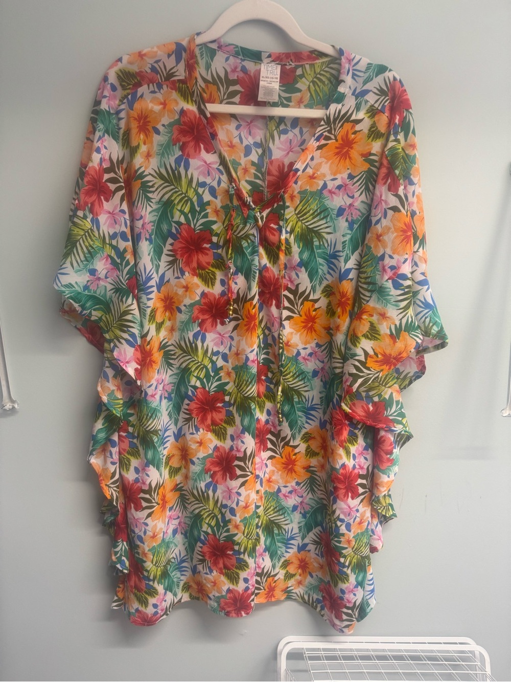 Time and Tru Tropical Floral Tie-Front Top - Red, Green, Yellow, Blue